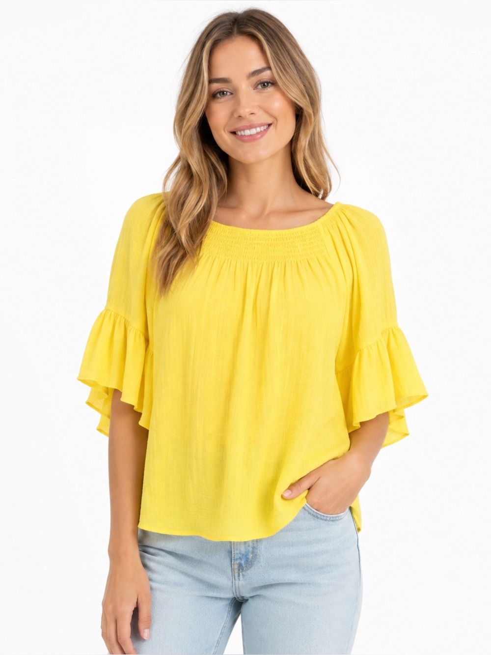 Cato Yellow Smocked Peasant Blouse Small Boho Flutter Bell Sleeve Gauze